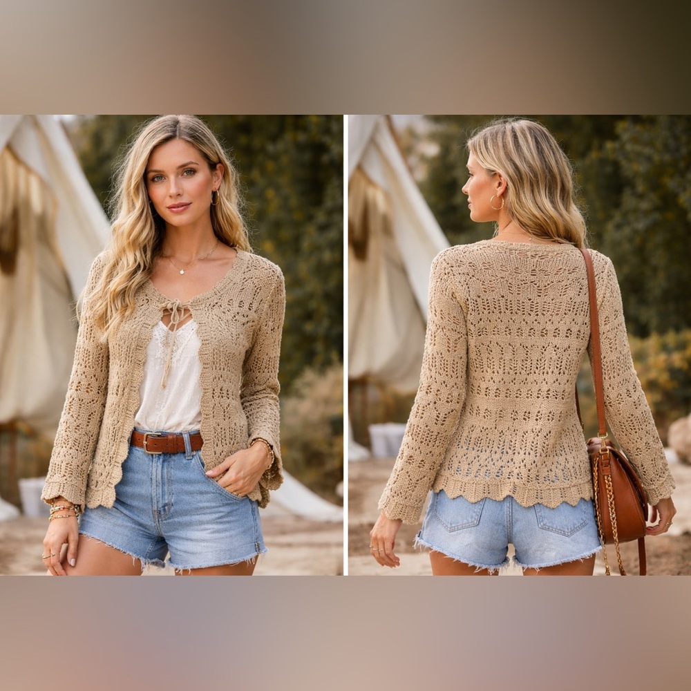 Spunky Crochet Knit Lace-Up Tie Cardigan Sweater Size Small Boho Tan - Picture 1 of 2